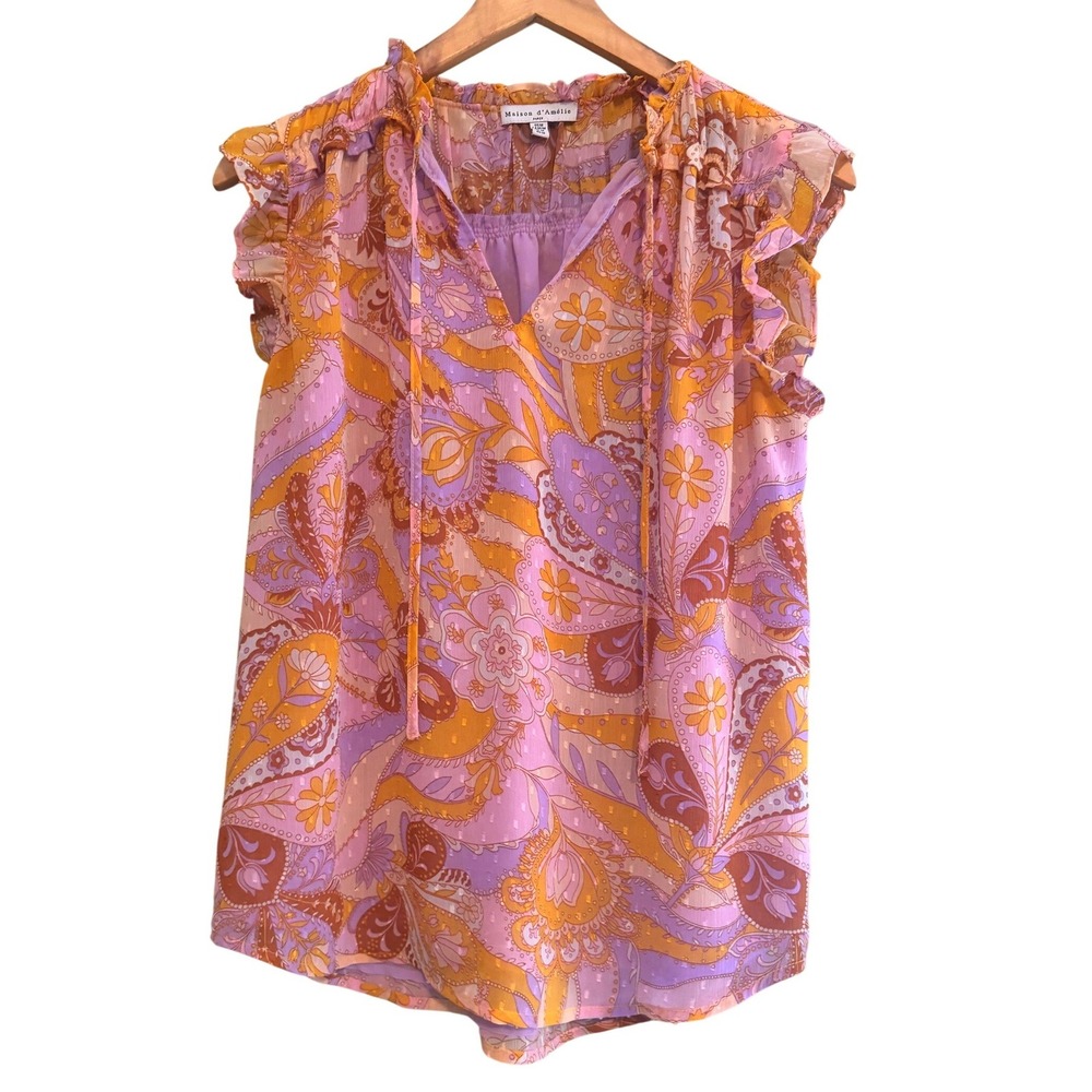 Maison d'Amélie Paris Purple Paisley Floral Ruffle Blouse Metallic Boho Medium